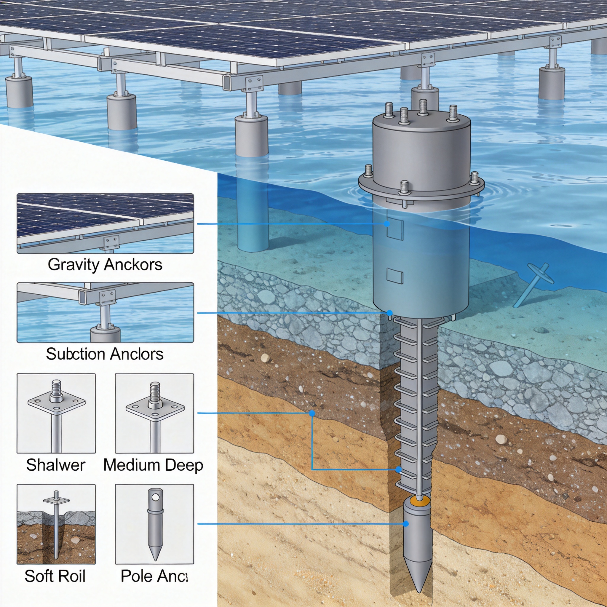 Diagram showing different anchoring solutions for shallow and deep water floating PV