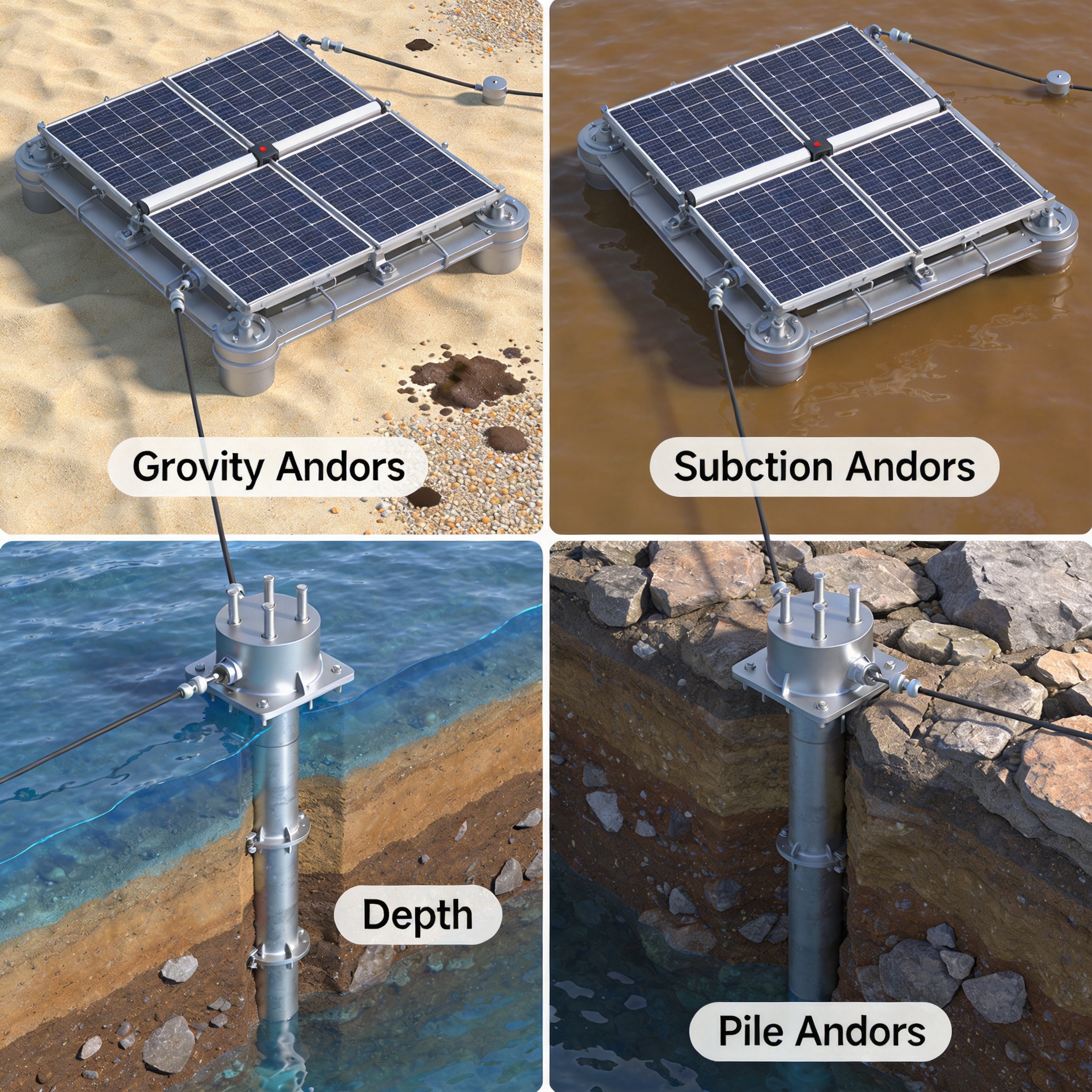 Comparison of deadweight, pile, and embedded anchor systems for floating solar