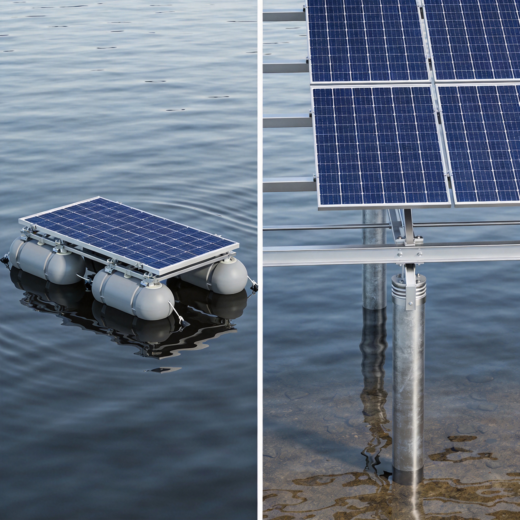 Aerial view of a large-scale floating solar farm with mounting systems