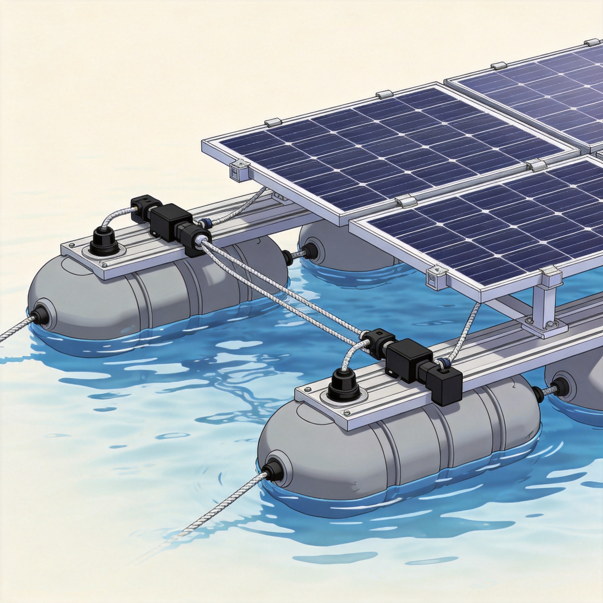 Close-up of a floating PV mounting system showing pontoons and anchoring cables