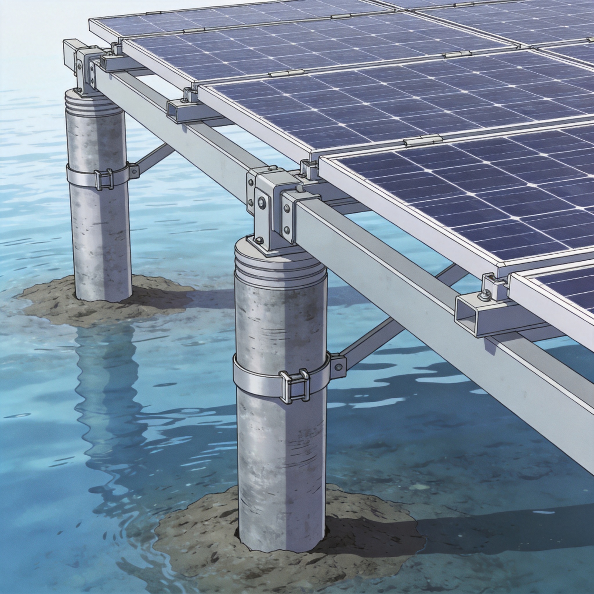 Solar panels mounted on steel piles driven into a reservoir bed