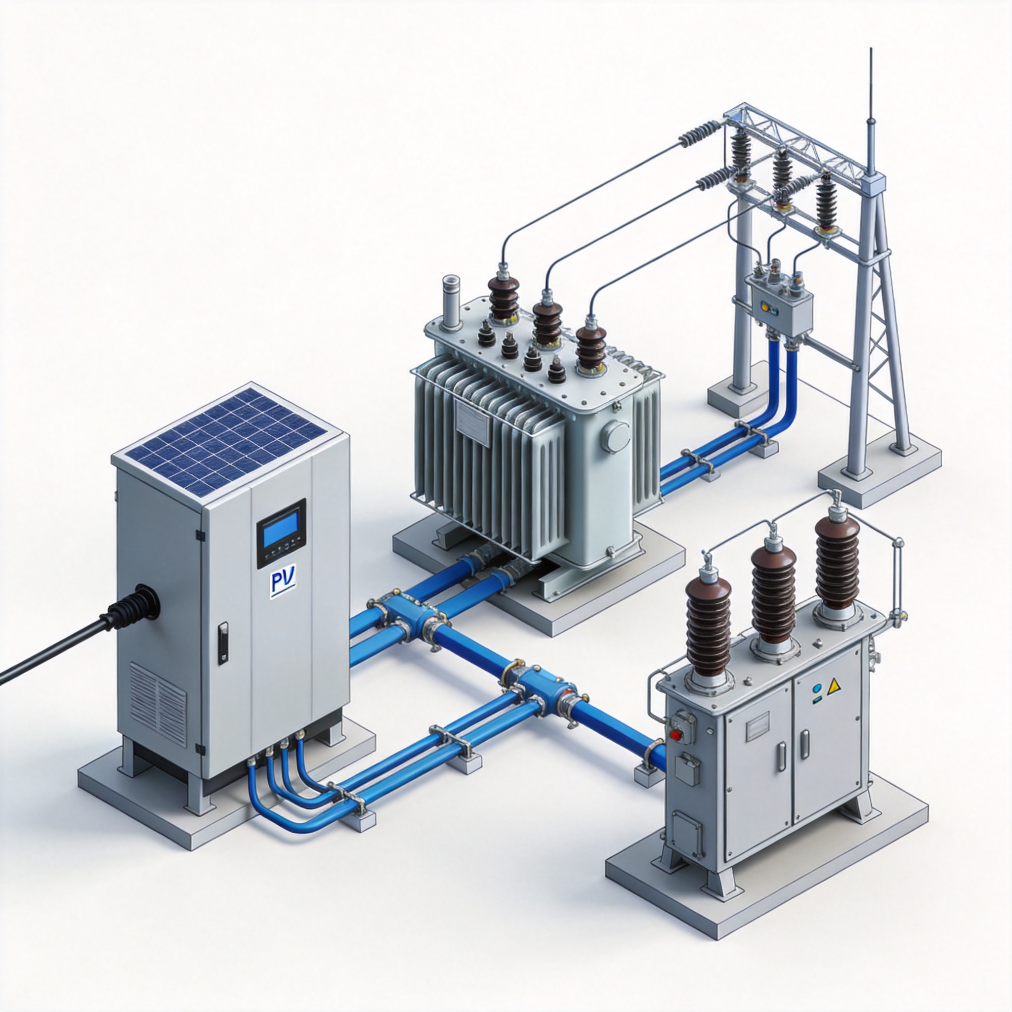 Diagrama de los componentes del inversor, transformador y aparamenta en una subestación fotovoltaica.