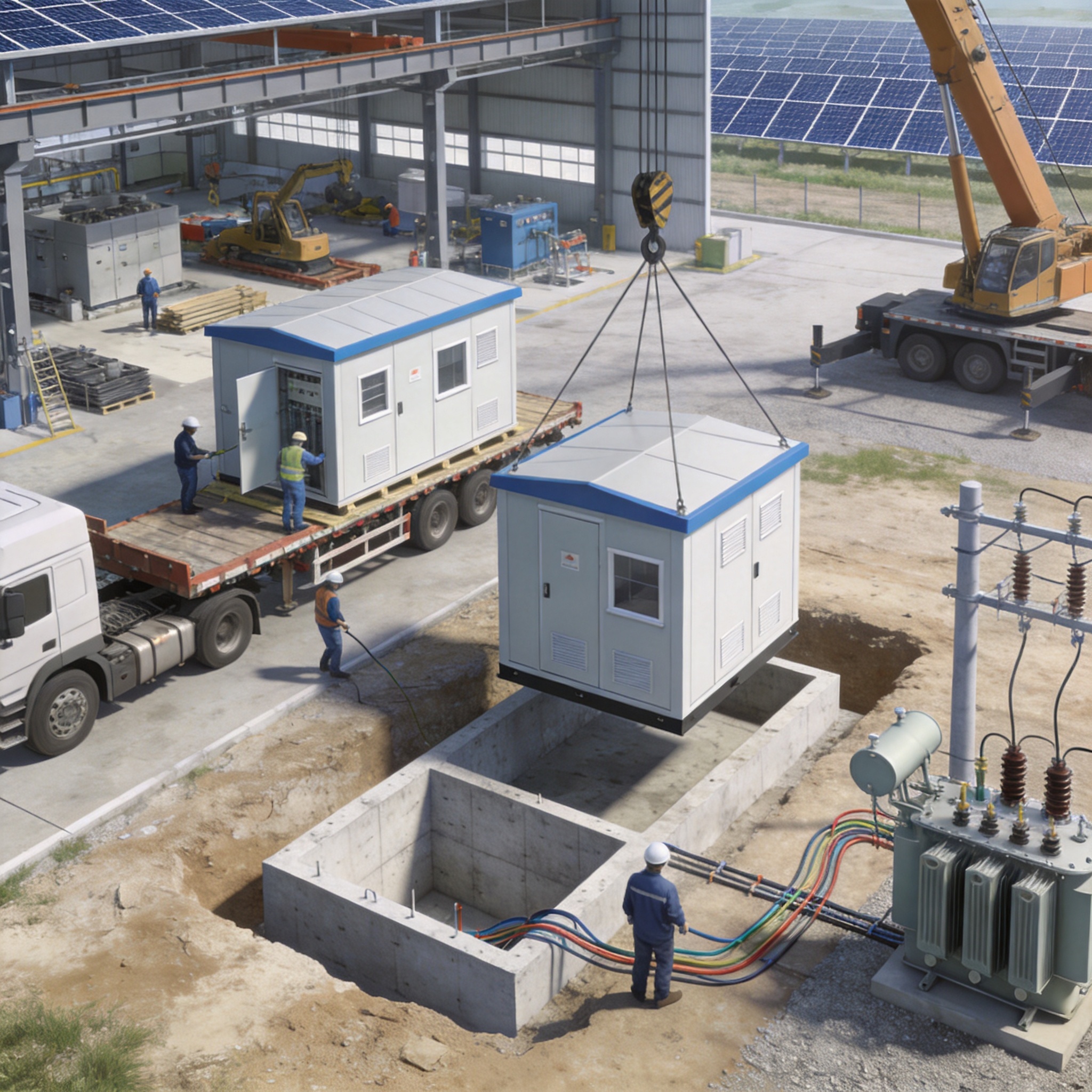 Crane lifting prefabricated E-House onto foundation