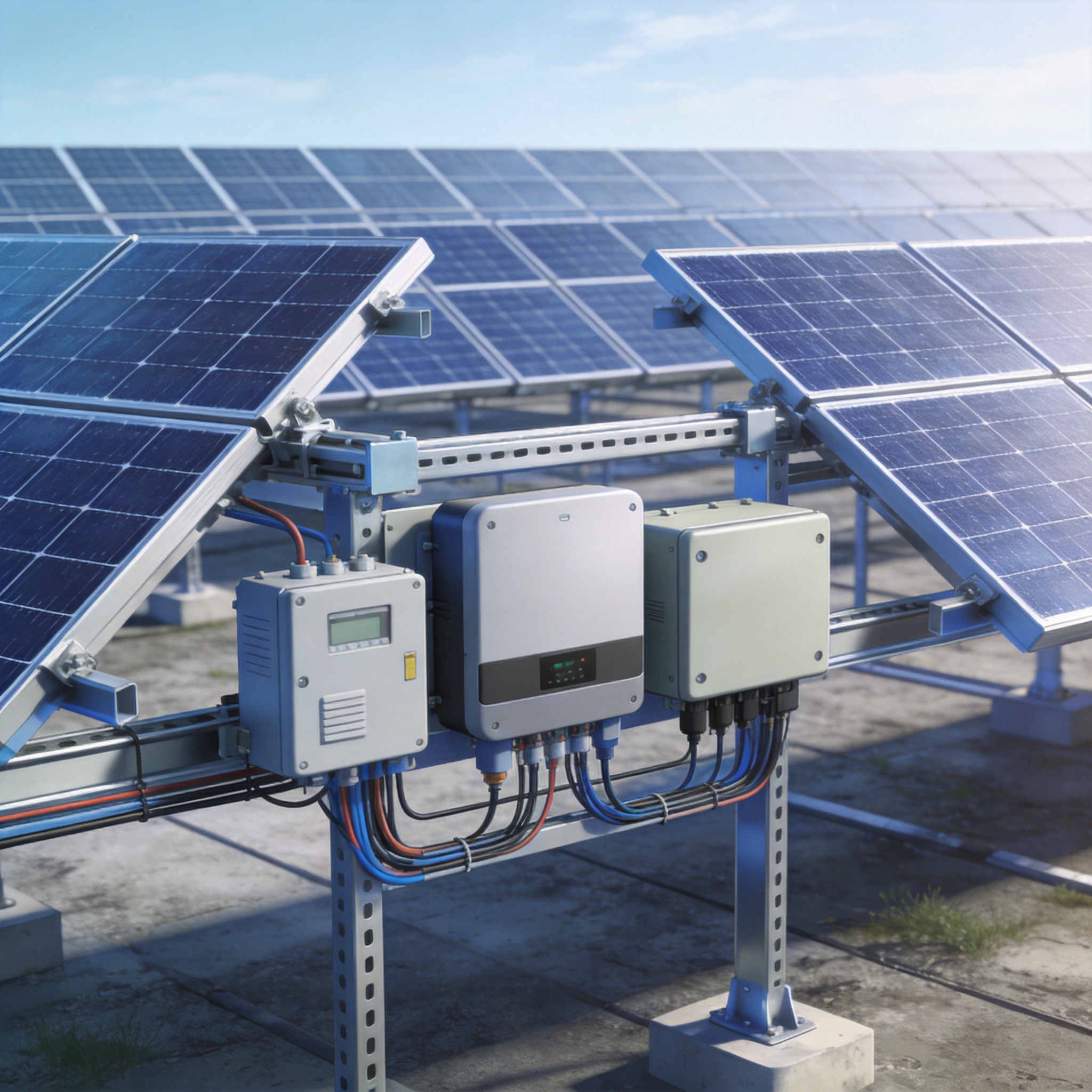 Campo de paneles solares con sistemas de cableado integrados