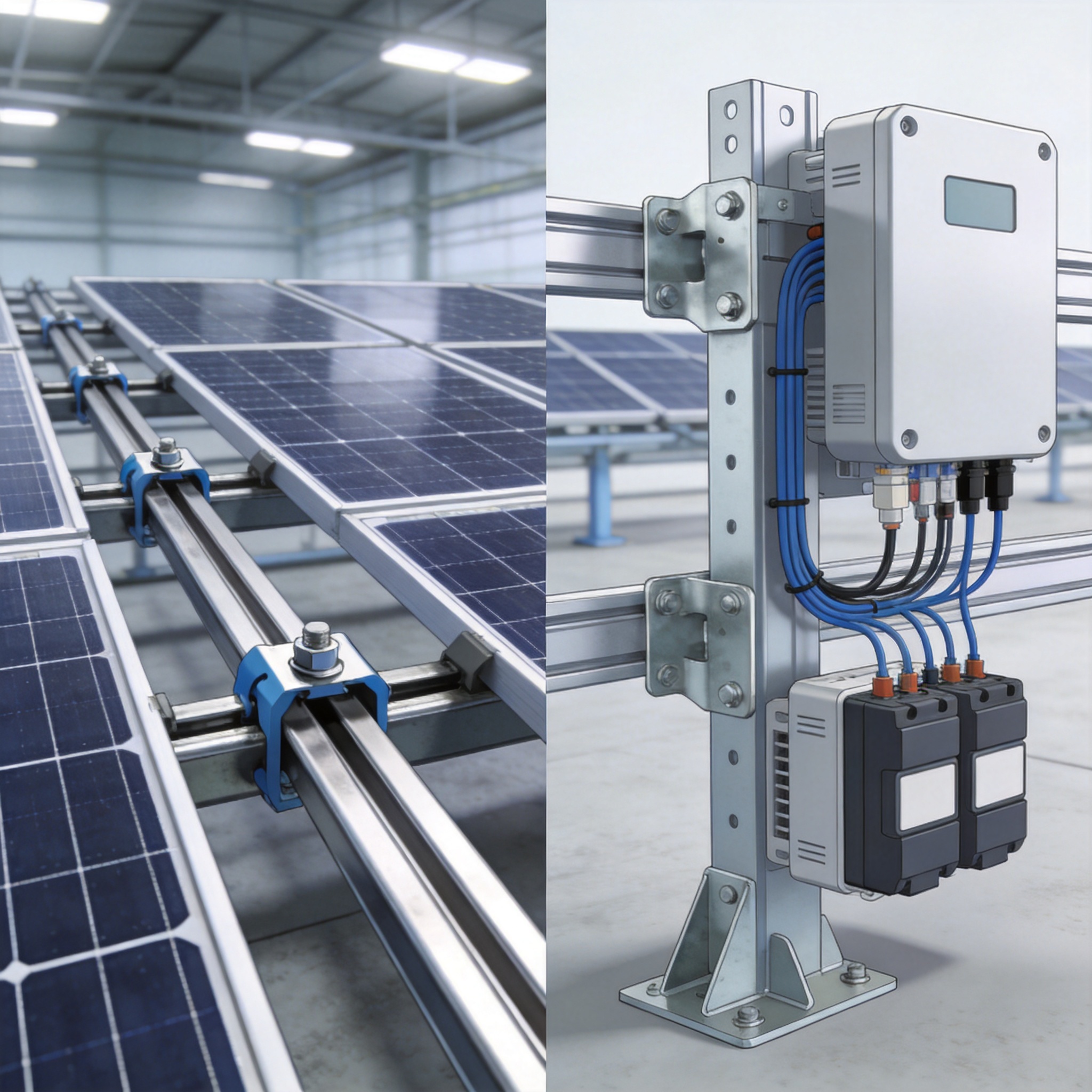 Sección transversal de un riel de montaje fotovoltaico integrado con sistema de gestión de cables.