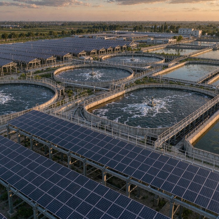 Sludge tank PV racking solar PV plant - aerial site view