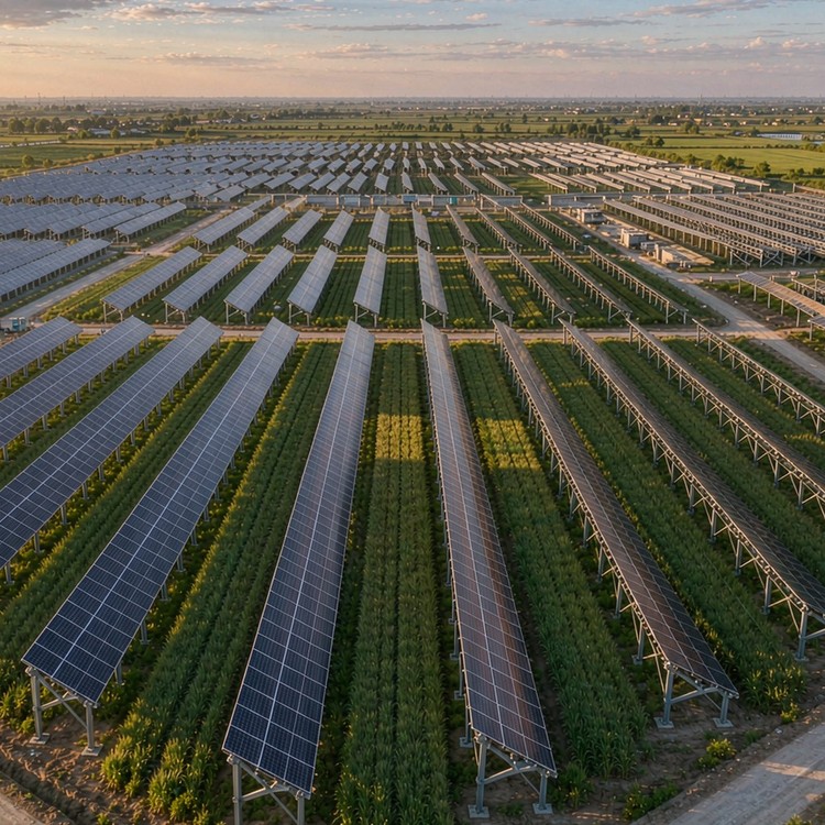 Agriculture-photovoltaic complementary racking solar PV plant - aerial site view