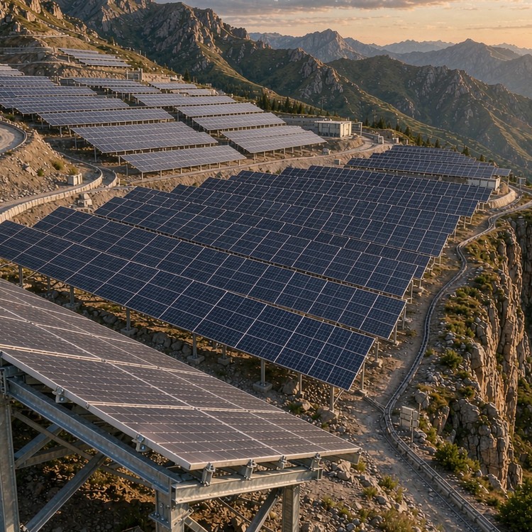 Mountainous terrain PV racking solar PV plant - aerial site view