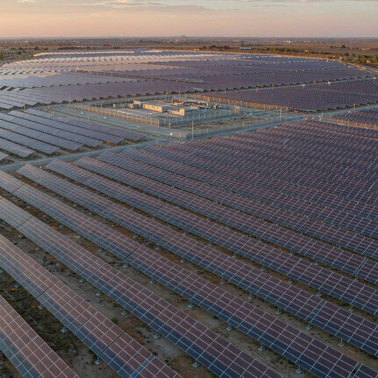 Backtracking single axis tracker solar PV plant - aerial site view