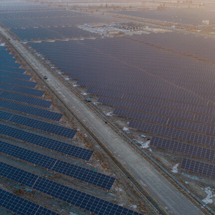 Backtracking tracker racking solar PV plant - aerial site view