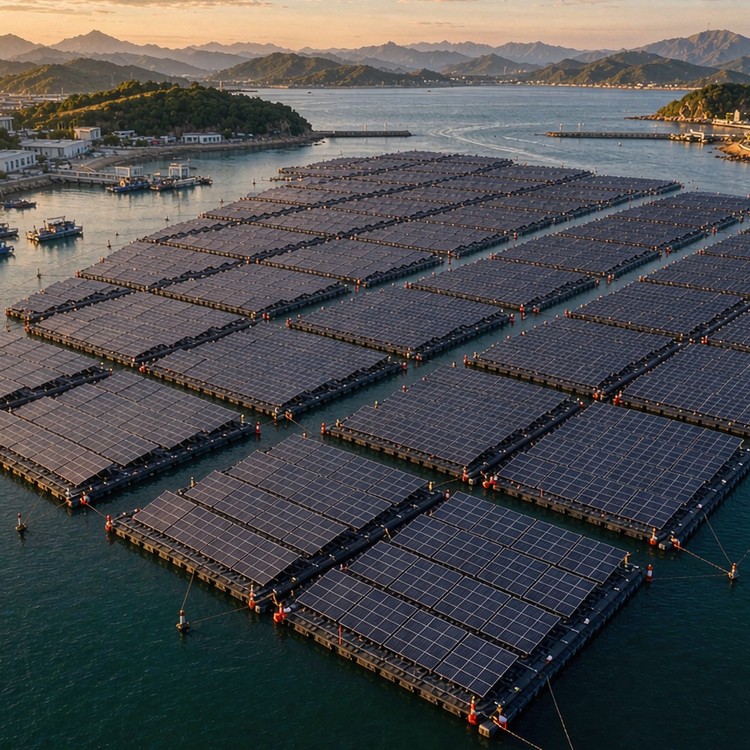 Coastal floating PV solar PV plant - aerial site view