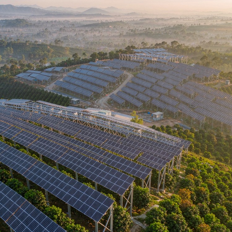 Coffee-shade PV mounting solar PV plant - aerial site view