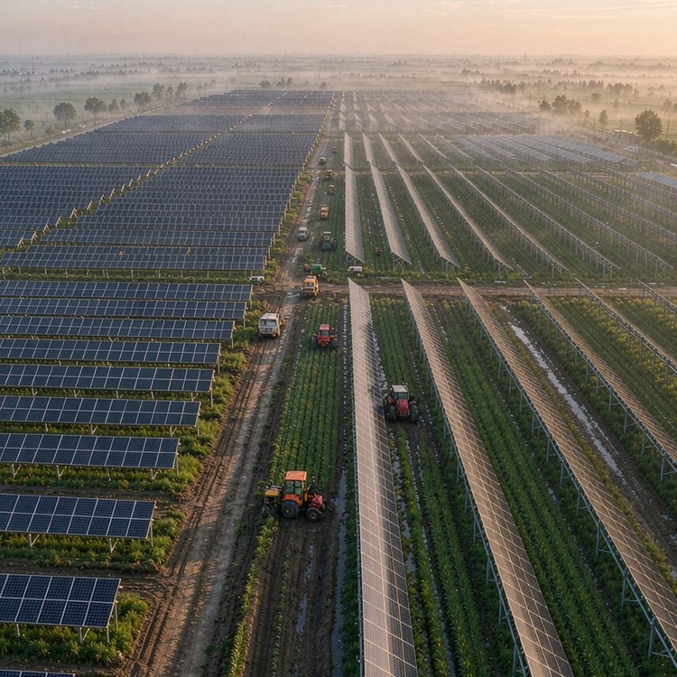 Dual-use farmland PV support solar PV plant - aerial site view