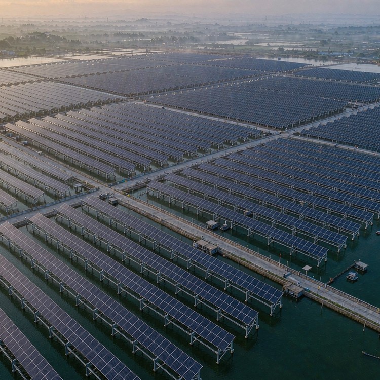 Fishery-photovoltaic complementary support solar PV plant - aerial site view