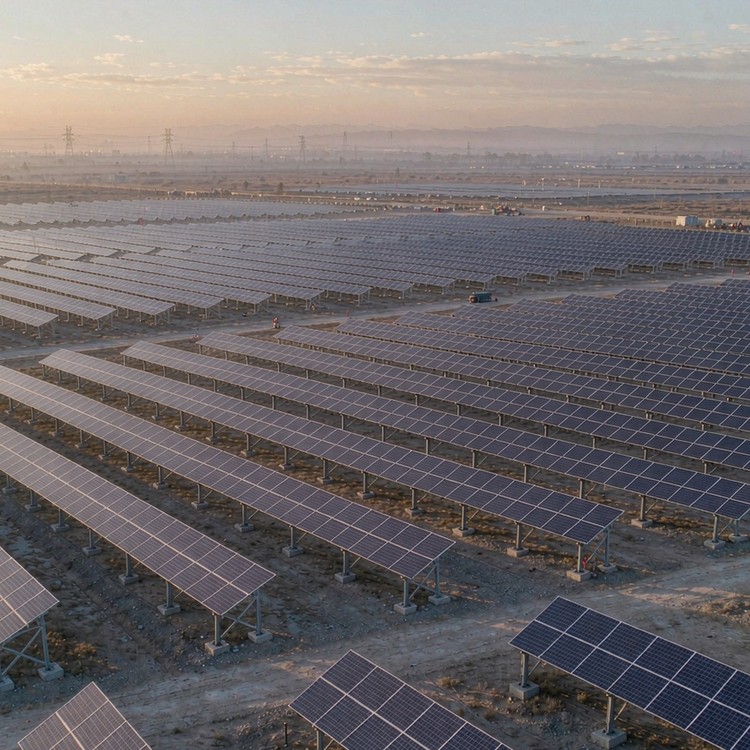 Fixed angle racking solar PV plant - aerial site view