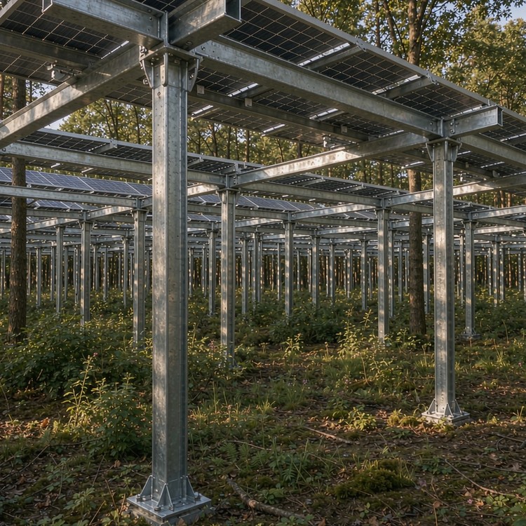Forest understory PV bracket solar racking - engineered structure detail