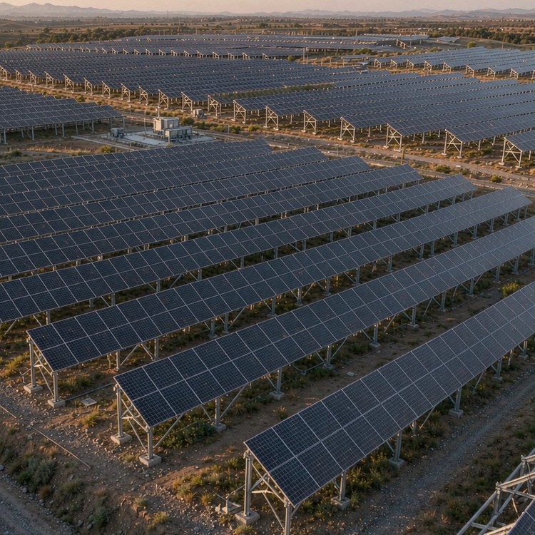 Solar racking for gentle slope solar PV plant - aerial site view