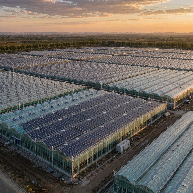 Greenhouse-top PV racking solar PV plant - aerial site view