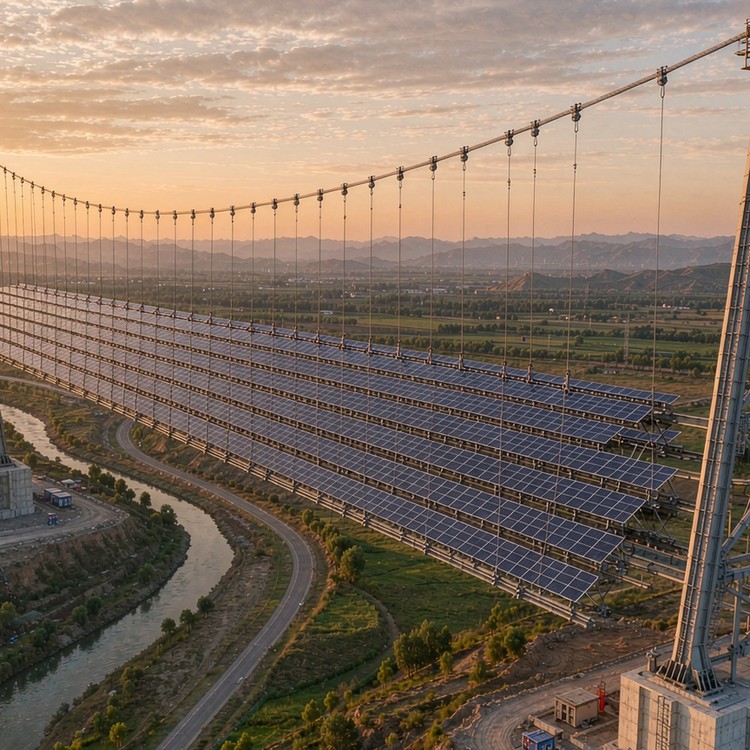 Long span flexible PV solar PV plant - aerial site view