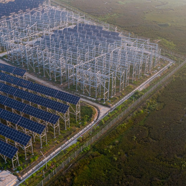 PV racking for wetland peat solar PV plant - aerial site view