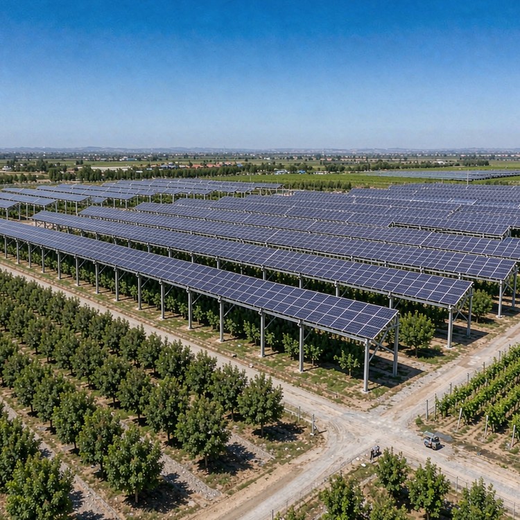 Orchard inter-row PV racking solar PV plant - aerial site view