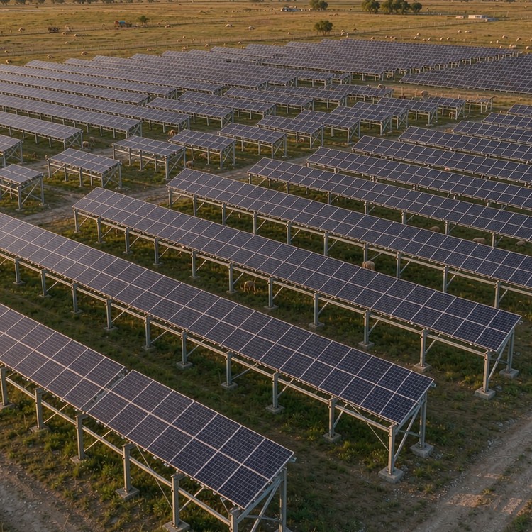 Pasture-photovoltaic complementary racking solar PV plant - aerial site view