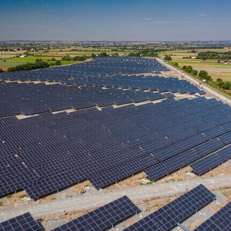 Solar mounting for German farmland solar PV plant - aerial site view