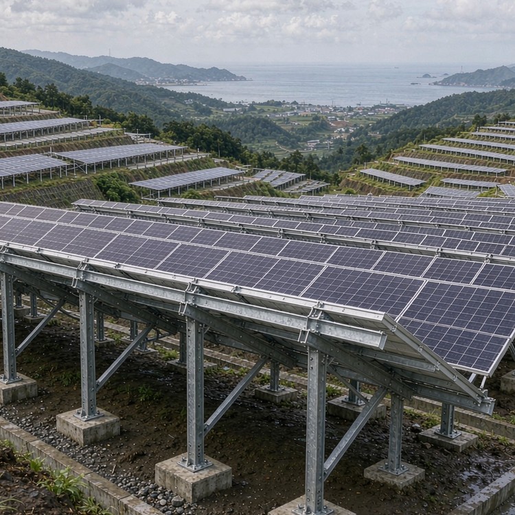 Suporte solar para sistema de fixação de painéis solares em arrozais no Japão - detalhe da estrutura de engenharia