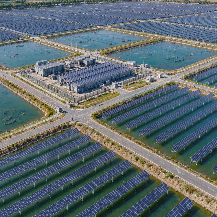 Reservoir aqua-voltaic racking solar PV plant - aerial site view