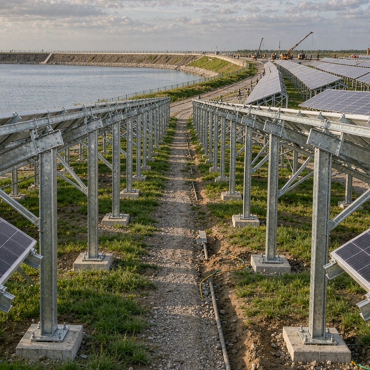 Reservoir surface PV mounting solar racking - engineered structure detail