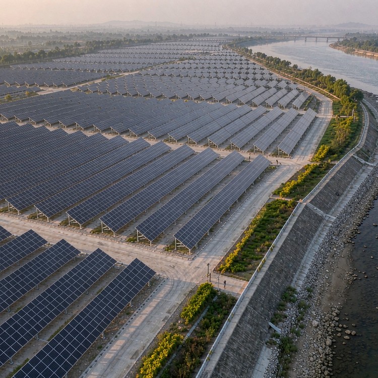 Riverside PV racking solar PV plant - aerial site view
