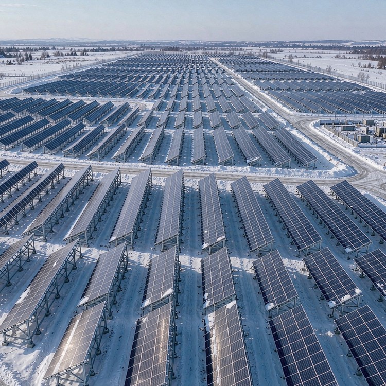 Snow-load rated racking solar PV plant - aerial site view