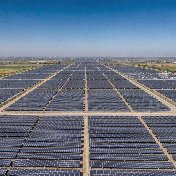 PV racking for flat terrain solar PV plant - aerial site view