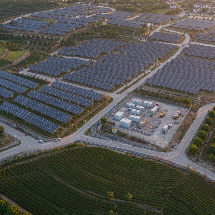 Tea-garden agrivoltaic racking solar PV plant - aerial site view