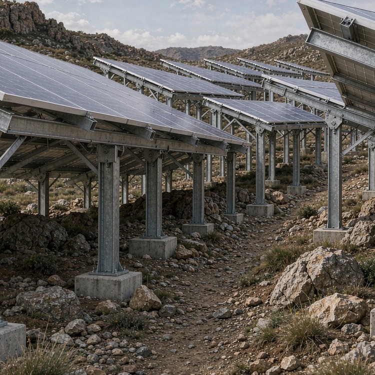 Tracker pedestal for uneven ground solar racking - engineered structure detail