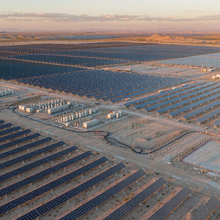Axis tracker bracket solar PV plant - aerial site view