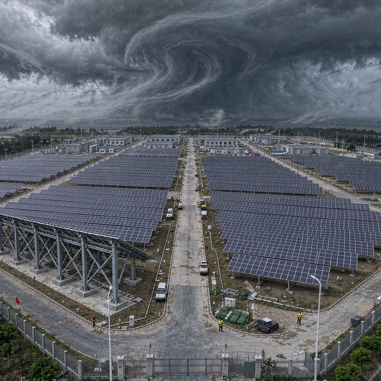 Wind-resistant PV mounting solar PV plant - aerial site view